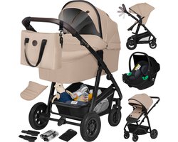 Lionelo Bianka Kinderwagen 3 in 1 - Reiswieg + Wandelwagen + Autostoel - Grote Luchtbanden, Volledige Vering - Inklapbaar - Verstelbare duwstang - Buggy Omkeerbare Zitting - 0-22kg - Accessoireset - Beige