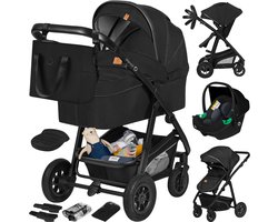 Lionelo Bianka Kinderwagen 3 in 1 - Reiswieg + Wandelwagen + Autostoel - Grote Luchtbanden, Volledige Vering - Inklapbaar - Verstelbare duwstang - Buggy Omkeerbare Zitting - 0-22kg - Accessoireset - Zwart