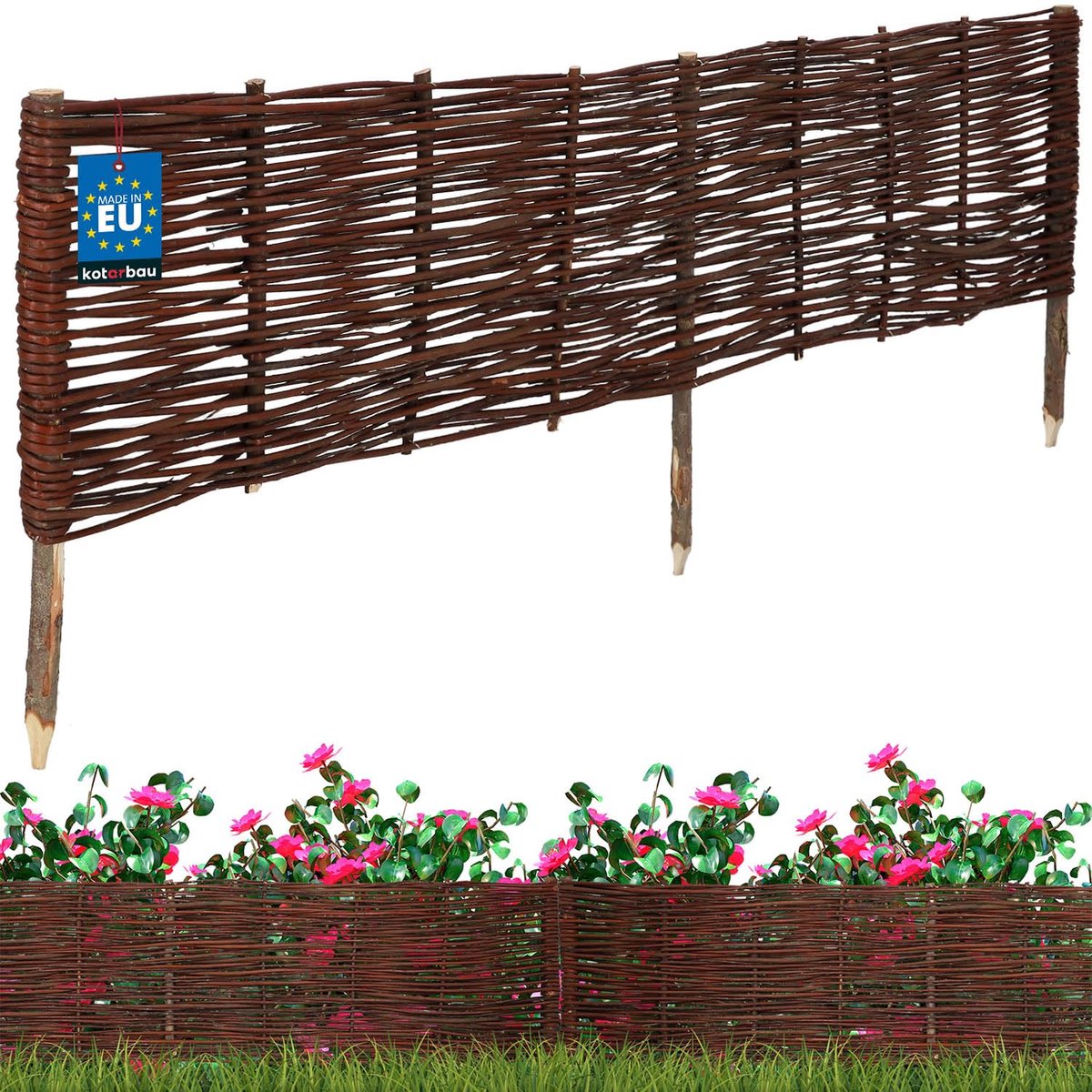 KOTARBAU® Bloembedrand, Wilgenhouten Hek, Beeteinfassing, 120 x 30 cm, Bruin, Tuinafscheiding, Houten Tuinhek, Schapenhek