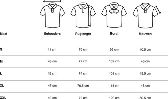 Maattabel voor Vercate polo's met afmetingen voor schouders, ruglengte, borst en mouwen.