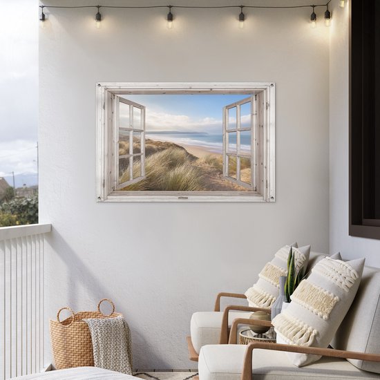 Tuinposter doorkijk raam - Tuindecoratie strand en zee - 120x80 cm - Tuinschilderij voor buiten natuur - Tuindoek duinen - Wanddecoratie tuin - Schuttingdoek - Balkon decoratie - Muurdecoratie - Buitenposter