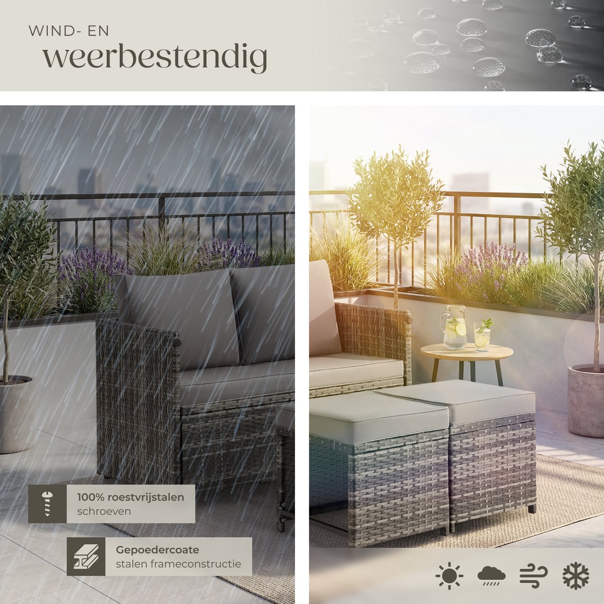 tectake® 2-in-1 Wicker Loungeset - Modulaire Tuinset - Te gebruiken als Tuinbank en Voetenbankjes - Tuintafel - Zitgroep voor 2 of 4 Personen - 110 x 60 cm - Tuinmeubelen - Voor Tuin, Balkon en Terras - Inclusief Kussens - Grijs – foto 7