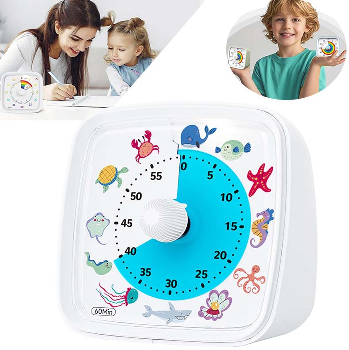 60 Minuten Afteltimer – Visuele Timer Voor Kinderen – Met Pauzefunctie – Voor Bureau, Klaslokaal, Kantoor & Keuken – Wit (oceaanthema)