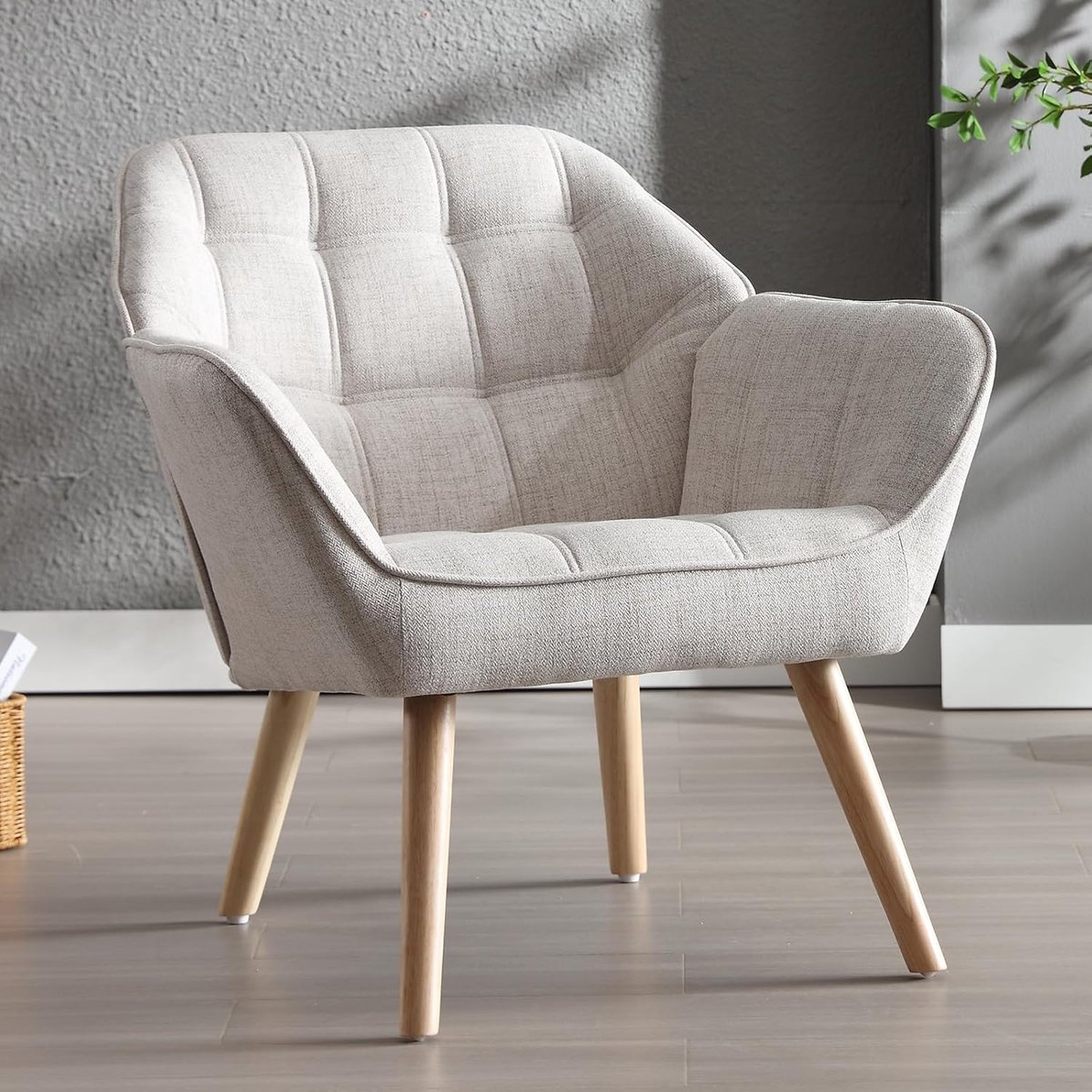 Fauteuil Linnen Accentstoel - Gestoffeerde Loungestoel met Houten Poten, Relaxstoel voor Woonkamer en Slaapkamer Beige - 80x73x79 cm - Vermissen