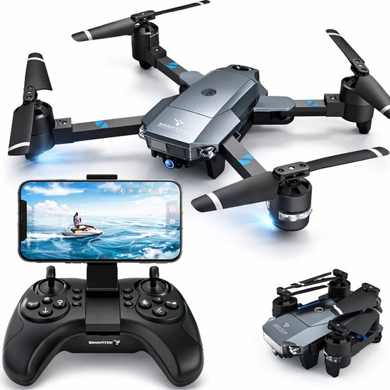 Grijze opvouwbare drone met camera, controller en smartphone met live beelden. Twee drones, één volledig en één gevouwen.