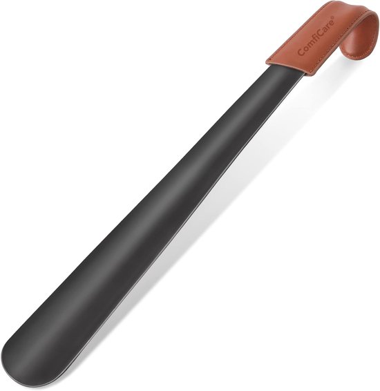 ComfiCare® Schoenlepel lang 42 cm – Schoenlepel metaal – Schoenlepel lang – Schoenlepel lang metaal – Schoenlepel RVS – Schoenlepel met leren handvat - Zwart