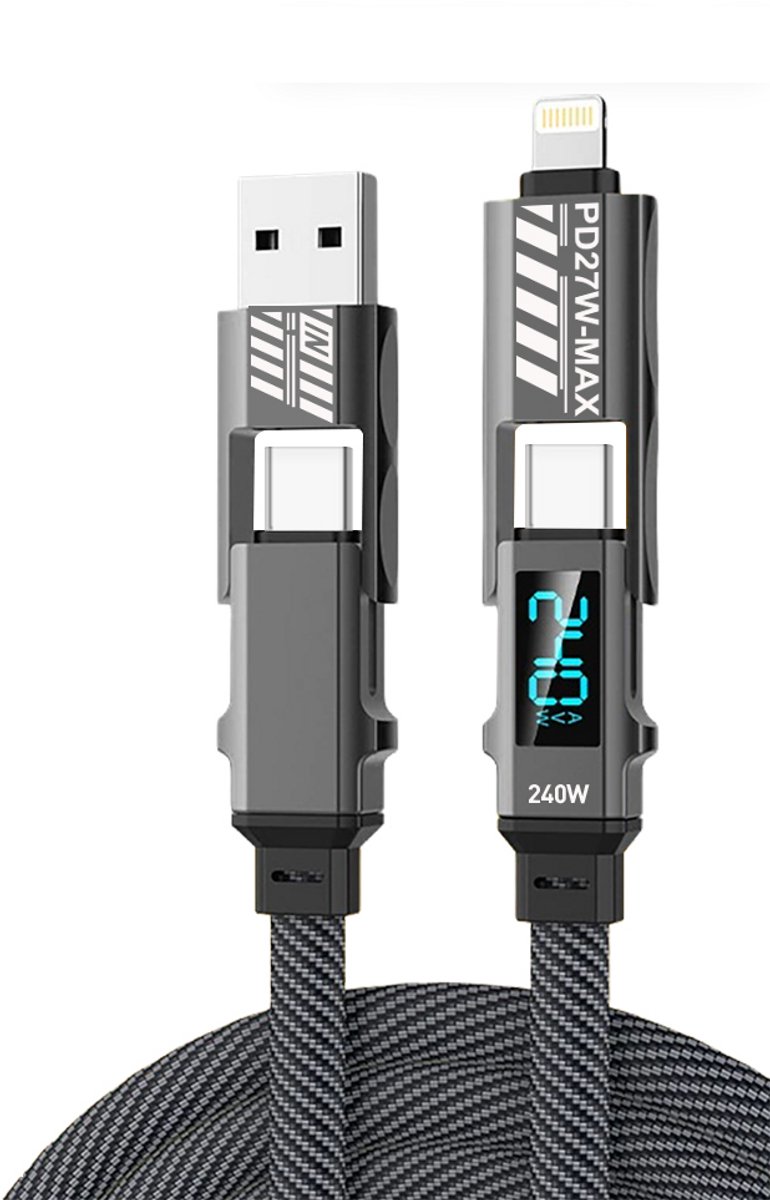 De Beste Gadgets USB-C naar USB-C Kabel 240W met Display – 4 in 1 Oplaadkabel – Snelladen PD 3.1 – Gevlochten Nylon – LED Vermogen Weergave – Geschikt voor iPhone, Samsung, MacBook & Laptop - Grijs