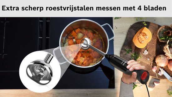 Bosch MS6CB6110 ErgoMixx - Staafmixer - 1000W - 4-bladenmes - Inclusief maatbeker - 12 snelheidsinstellingen - RVS/Zwart