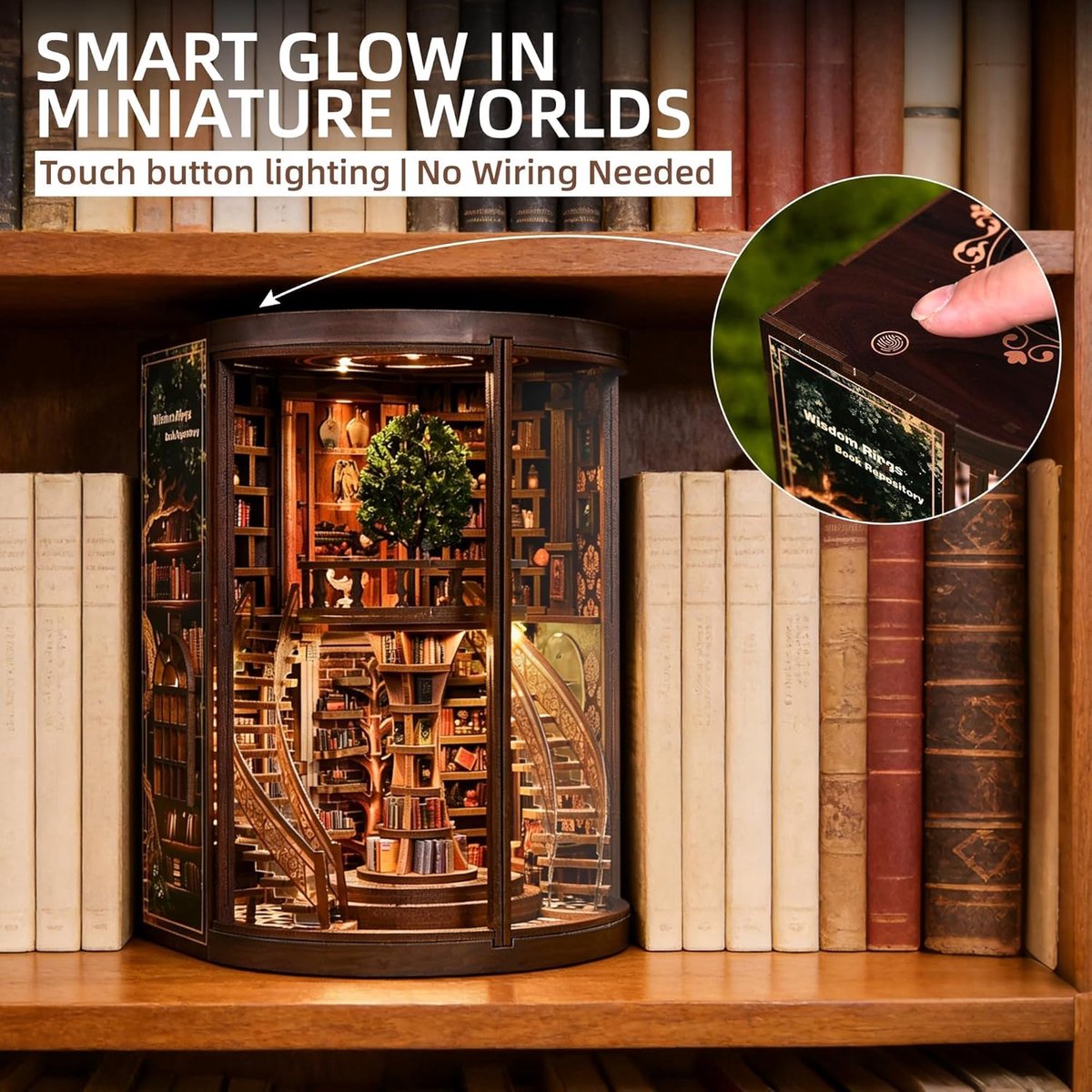 Miniatuur Bouwpakket-DIY Book Nook Kit-DIY Miniatuur Boekenkast met LED & Deur – Houten 3D Puzzel Bibliotheek – Touch Verlichting – Decoratie & Cadeau voor Volwassenen — afbeelding 5