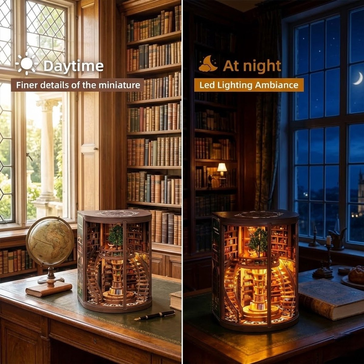 Miniatuur Bouwpakket-DIY Book Nook Kit-DIY Miniatuur Boekenkast met LED & Deur – Houten 3D Puzzel Bibliotheek – Touch Verlichting – Decoratie & Cadeau voor Volwassenen — afbeelding 6