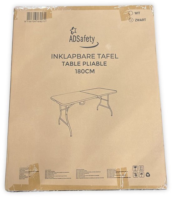 Verpakking van de inklapbare tafel met de tekst 'INKLAPBARE TAFEL TABLE PLIABLE 180CM' en het ADSafety logo.