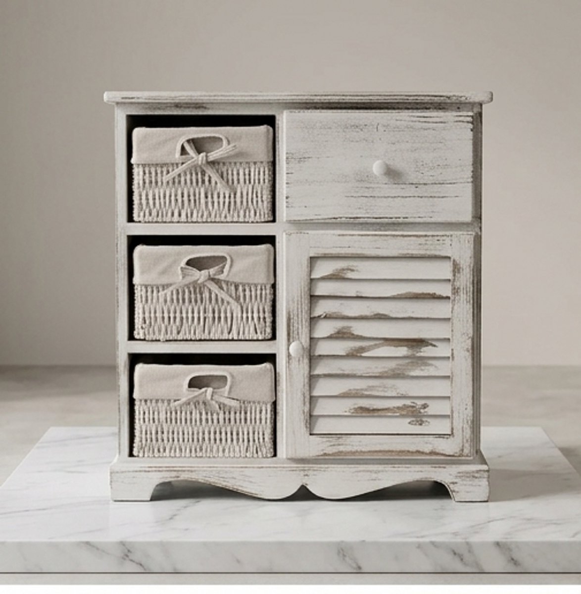 Shabby Chic Commode met 3 Mandladen en Lade 60 cm – Vintage Houten Opbergkast met Stro Manden voor Slaapkamer en Woonkamer | Mobili Bella