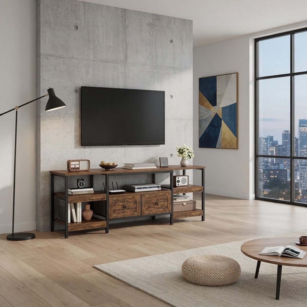 Industrieel TV Meubel 200 cm XL – TV Kast met Lades en Open Vakken voor 85 inch TV – Vintage Bruin – Mobili Bella