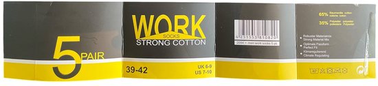Verpakking met 'WORK SOCKS STRONG COTTON' en informatie over 5 paar sokken, maten 39-42.