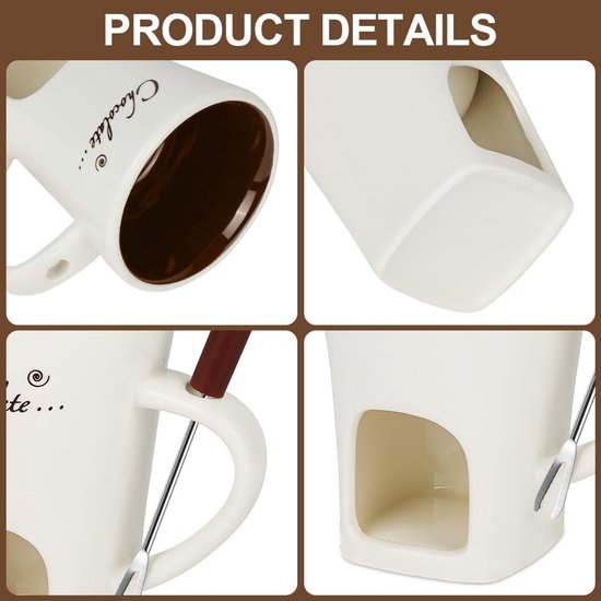 Gedetailleerde opnames van een witte keramische fondue mok, inclusief interieur, holte voor kaars en vorkbevestiging.
