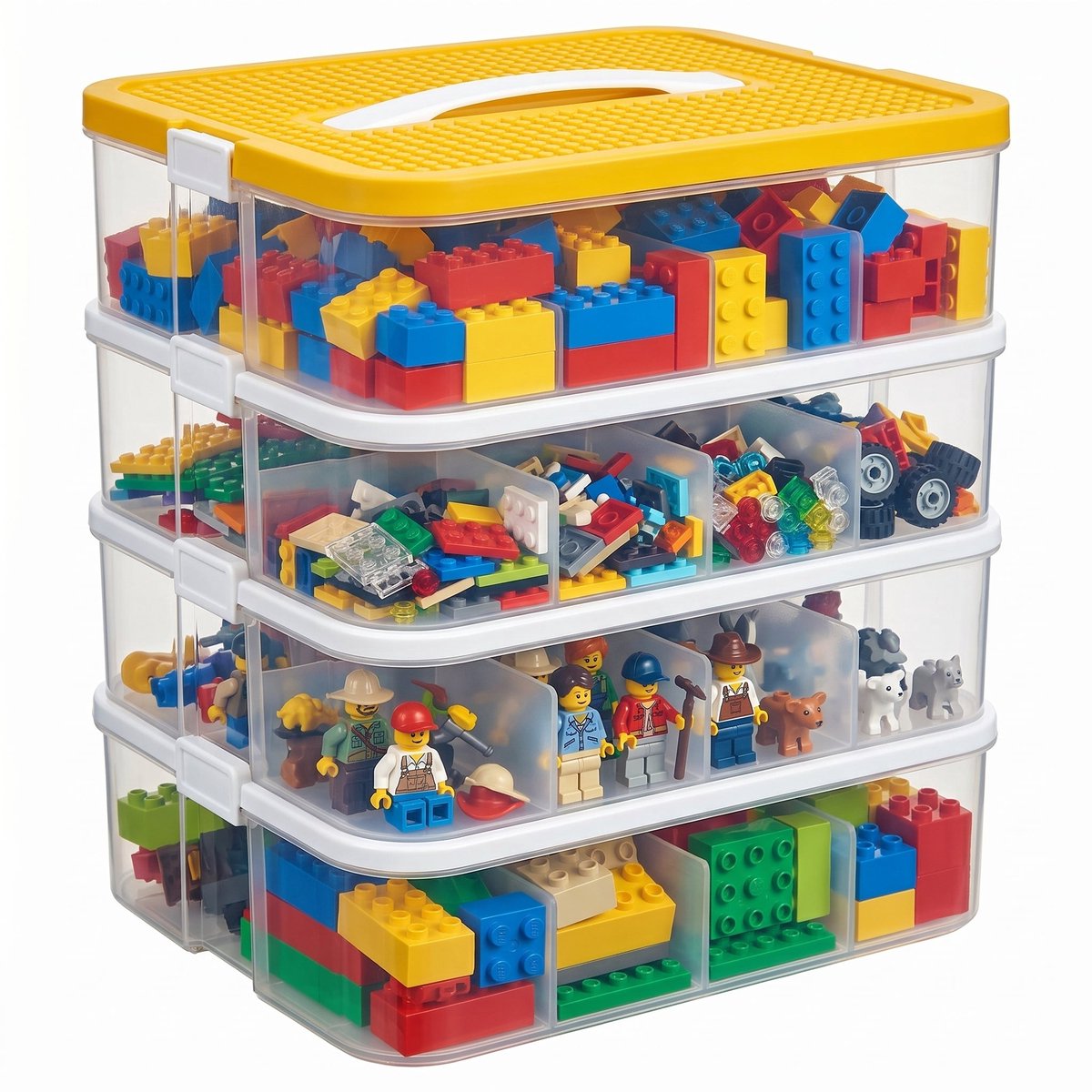 Cheqo® Opbergbox Stapelbaar - 4 Lagen met Verstelbare Vakjes - Voor LEGO - Transparant - Organizer - Opbergdoos - Hobbybox - Sorteerdoos - voor Knutselmateriaal - Speelgoed - Naaibenodigdheden - Bouwstenen - Kralen en Kleine Onderdelen - met Handvat