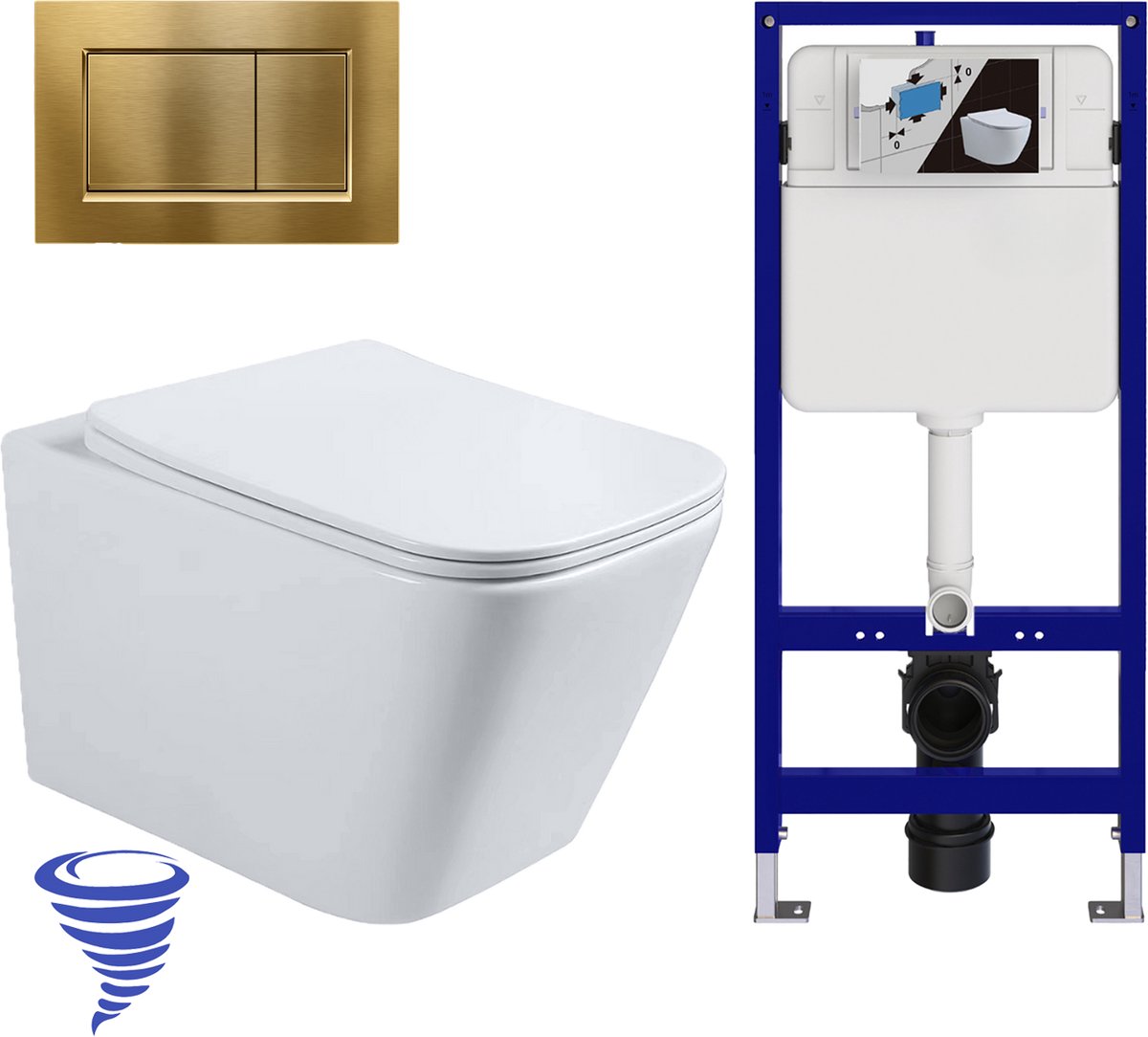 LOMAZOO Hangtoilet met Inbouwreservoir - Vierkant Wit - Drukplaat Vierkant Goud - Linea