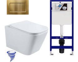LOMAZOO Hangtoilet met Inbouwreservoir - Vierkant Wit - Drukplaat Vierkant Goud - Linea