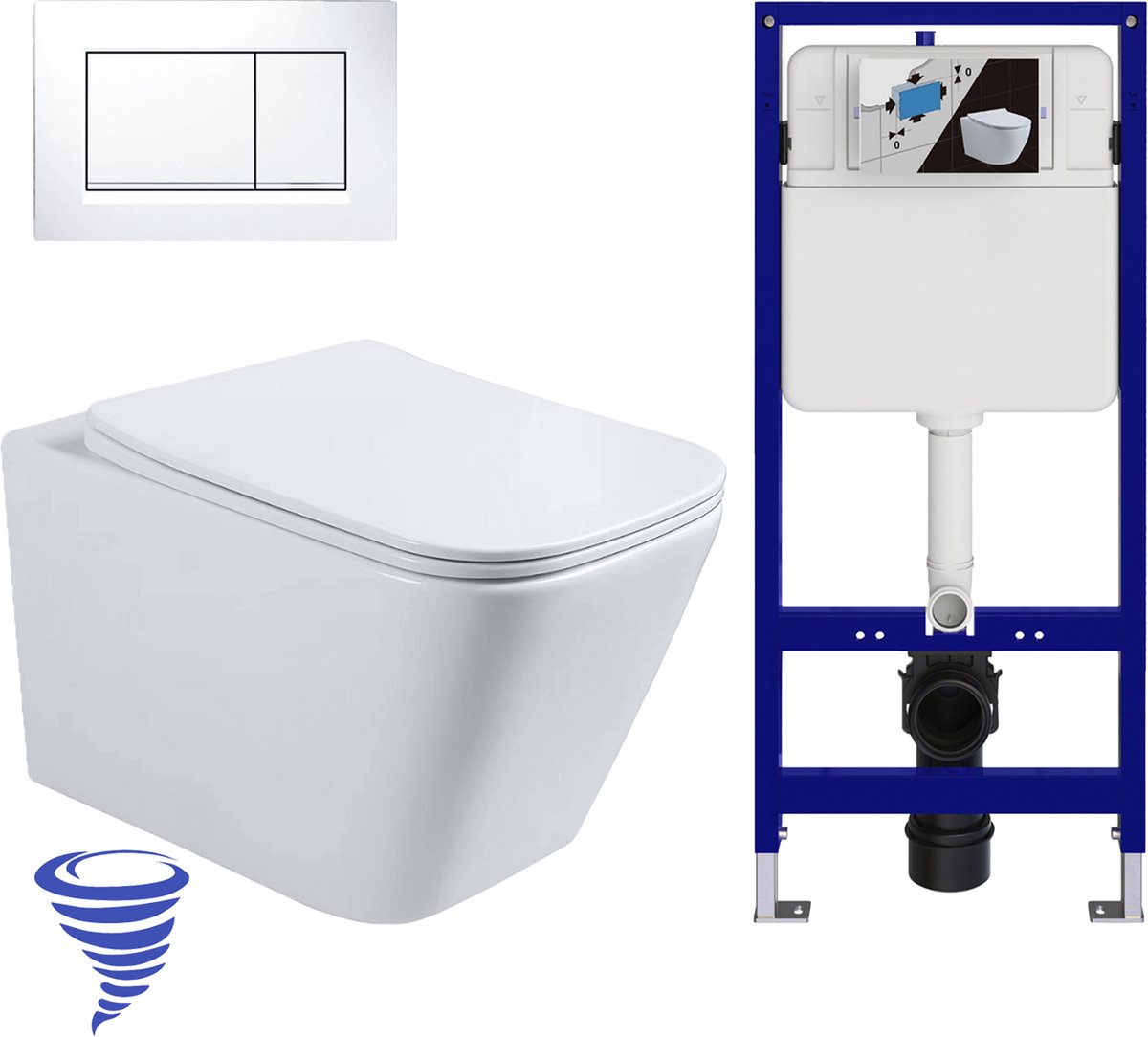 LOMAZOO Hangtoilet met Inbouwreservoir - Vierkant Wit - Drukplaat Vierkant Wit - Linea