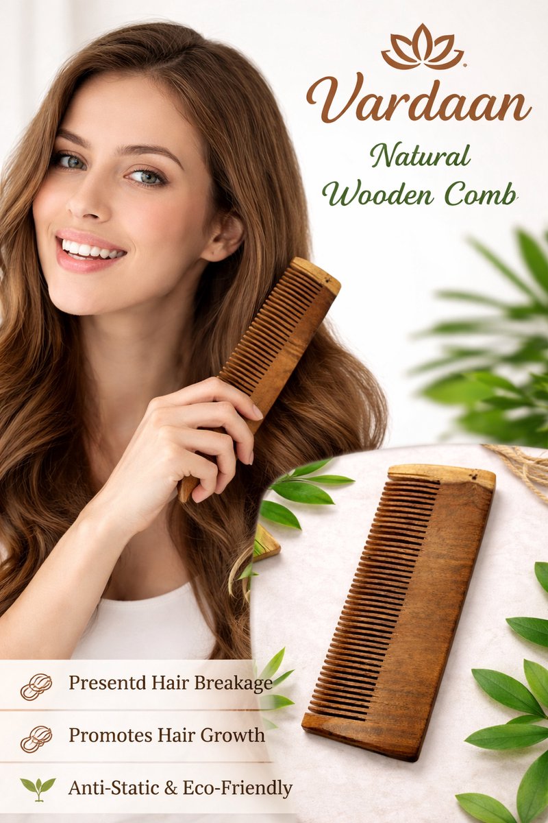Vardaan Neem houten kam -neem kam - Organisch en Natuurlijk - Kam - Handgemaakt - Hout Kam Professionele - Anti-Statische Styling Kam