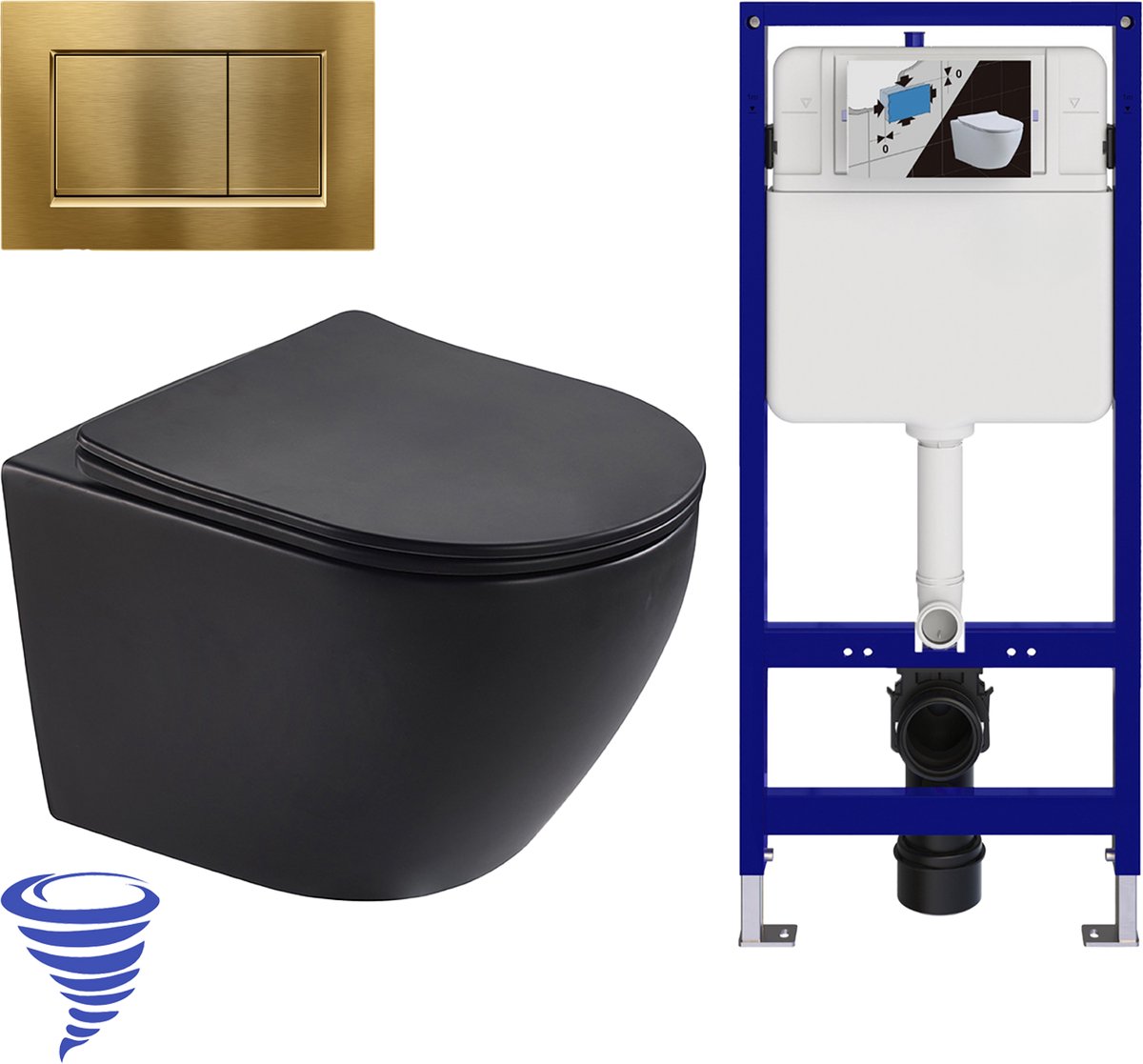 LOMAZOO Hangtoilet met Inbouwreservoir - Rond Zwart - Drukplaat Vierkant Goud - Linea