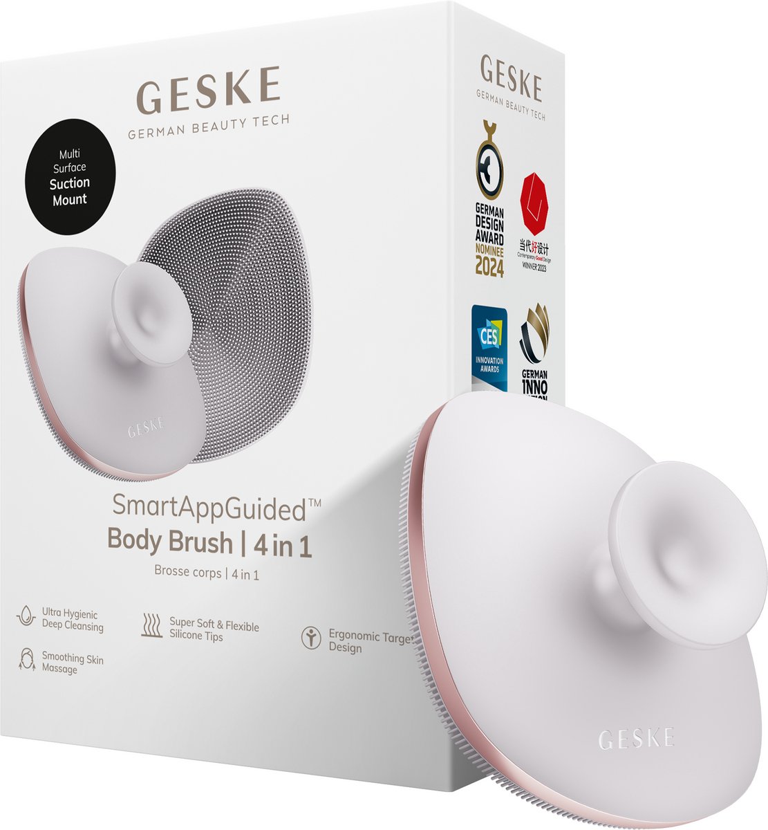 GESKE Body Brush | 4 in 1 | Ontwerp met metalen ring | Reinigingsborstel voor het hele lichaam | Dieptereiniging | Zachte siliconen borstelharen | Ergonomisch ontwerp met twee vingers