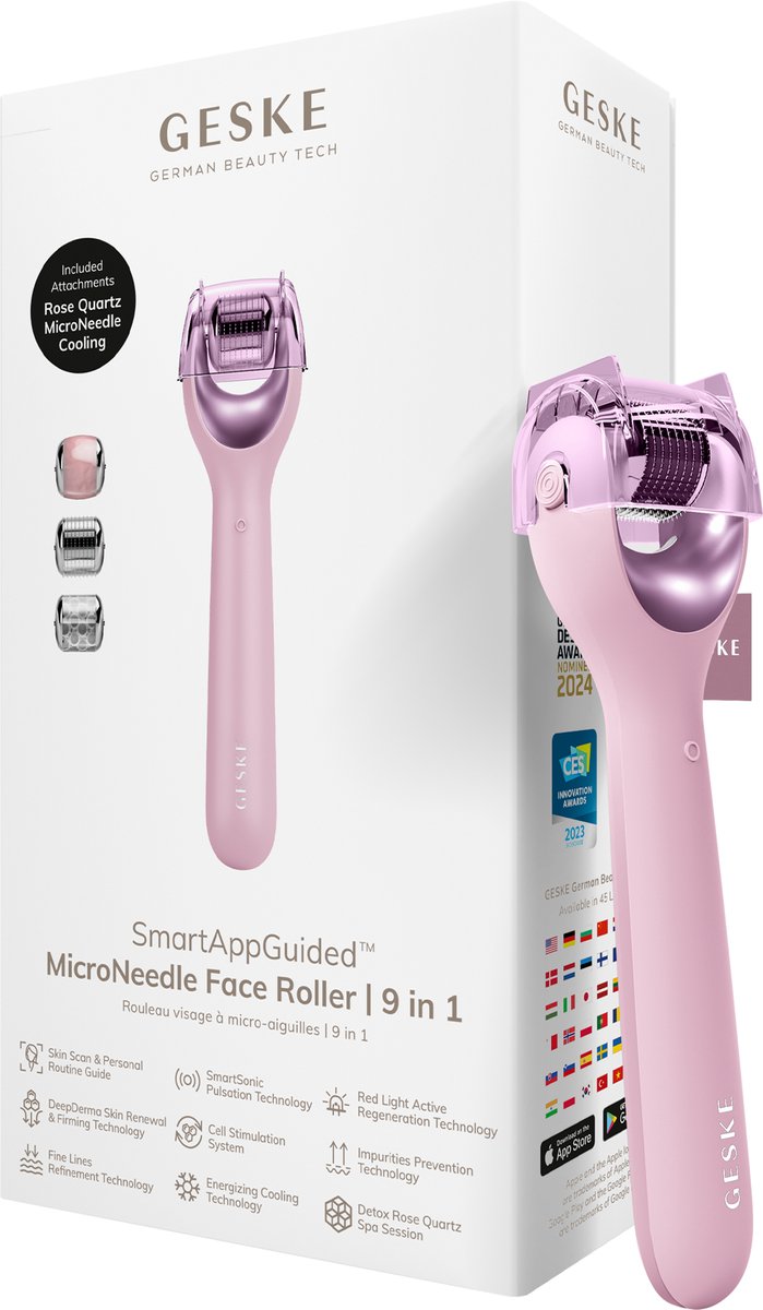 GESKE | SmartAppGuided™ MicroNeedle Face Roller | 9 in 1 | met rozenkwarts | Microneedling | Professioneel Microneedling-apparaat | Naaldroller | Schoonheidsrollergezicht | Micronaaldroller