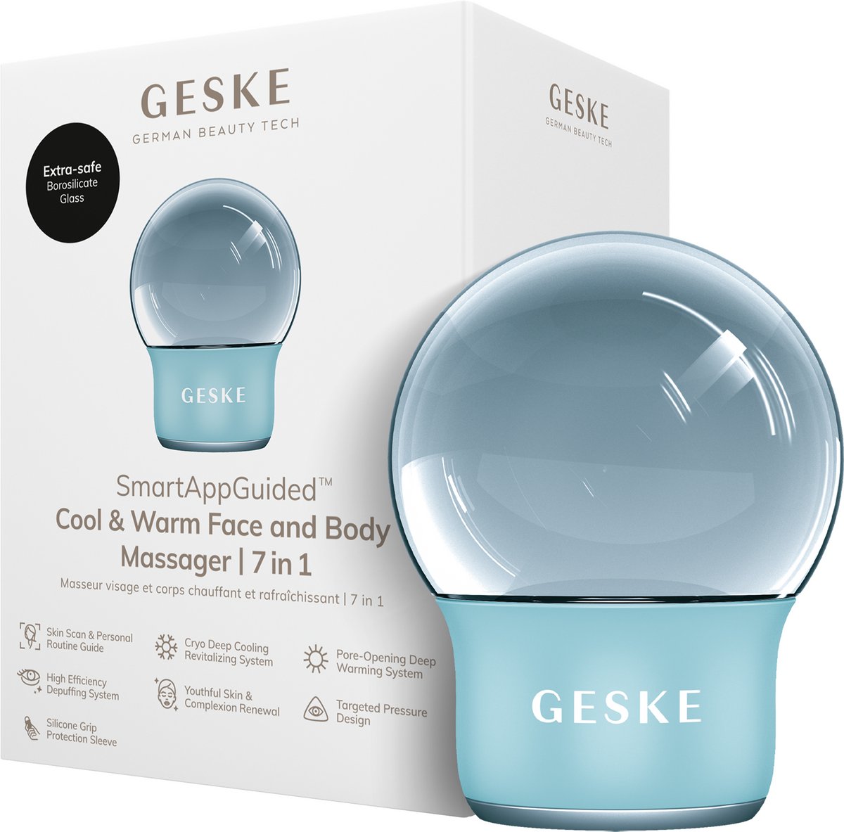 GESKE SmartAppGuided™ Cool & Warm Face & Body Massager | 7 in 1 | Multifunctioneel massageapparaat | Gezicht & Lichaam | Batterijloos koelen en warmen | Verstevigt en ontspant | Bolvormig