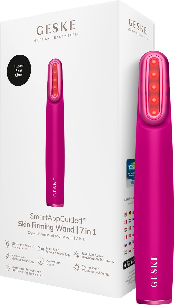 GESKE Skin Firming Wand | 7 in 1 | Anti-aging | MicroCurrent Facelift | Huidverzorgingstool | Rimpels verwijderen | Gezichtsversteviger | Rode ledtechnologie | Draaibare kop