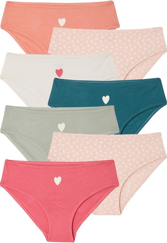 Set van zeven meisjes slipjes in verschillende kleuren en met hartjesprints.