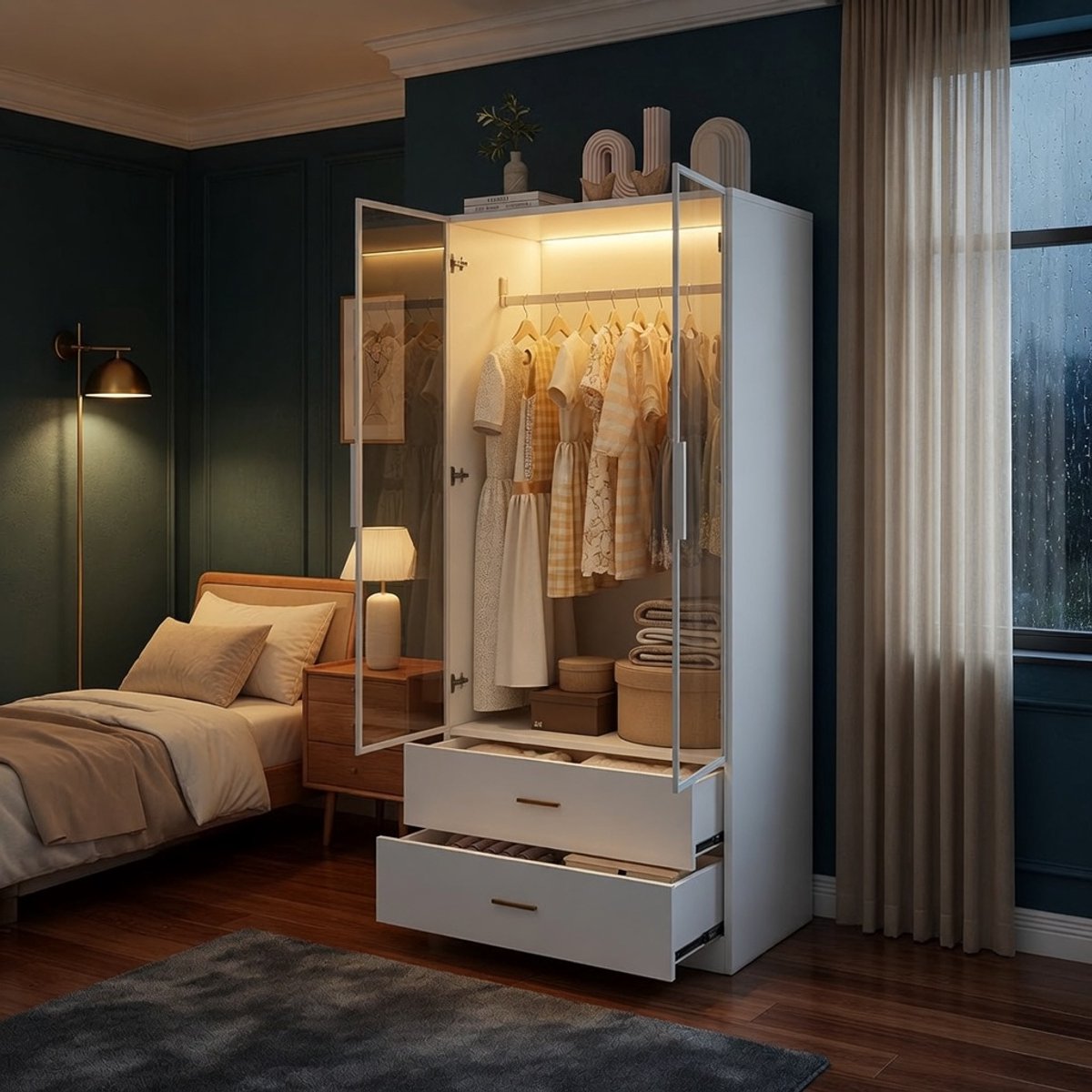 Kledingkast met LED Verlichting en Glazen Deuren 80x175x50 cm – Moderne Garderobekast met Sensorverlichting, 2 Lades en Kledingstang – Luxe Witte Kast met Gehard Glas – Mobili Bella