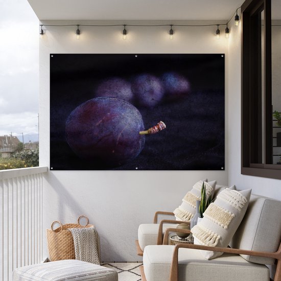 Mystérieuse photo de prunes violettes sur fond noir Affiche de jardin 180x120 cm - Toile de jardin / Toile d'extérieur / Peintures d'extérieur (décoration de jardin) XXL / Groot format!