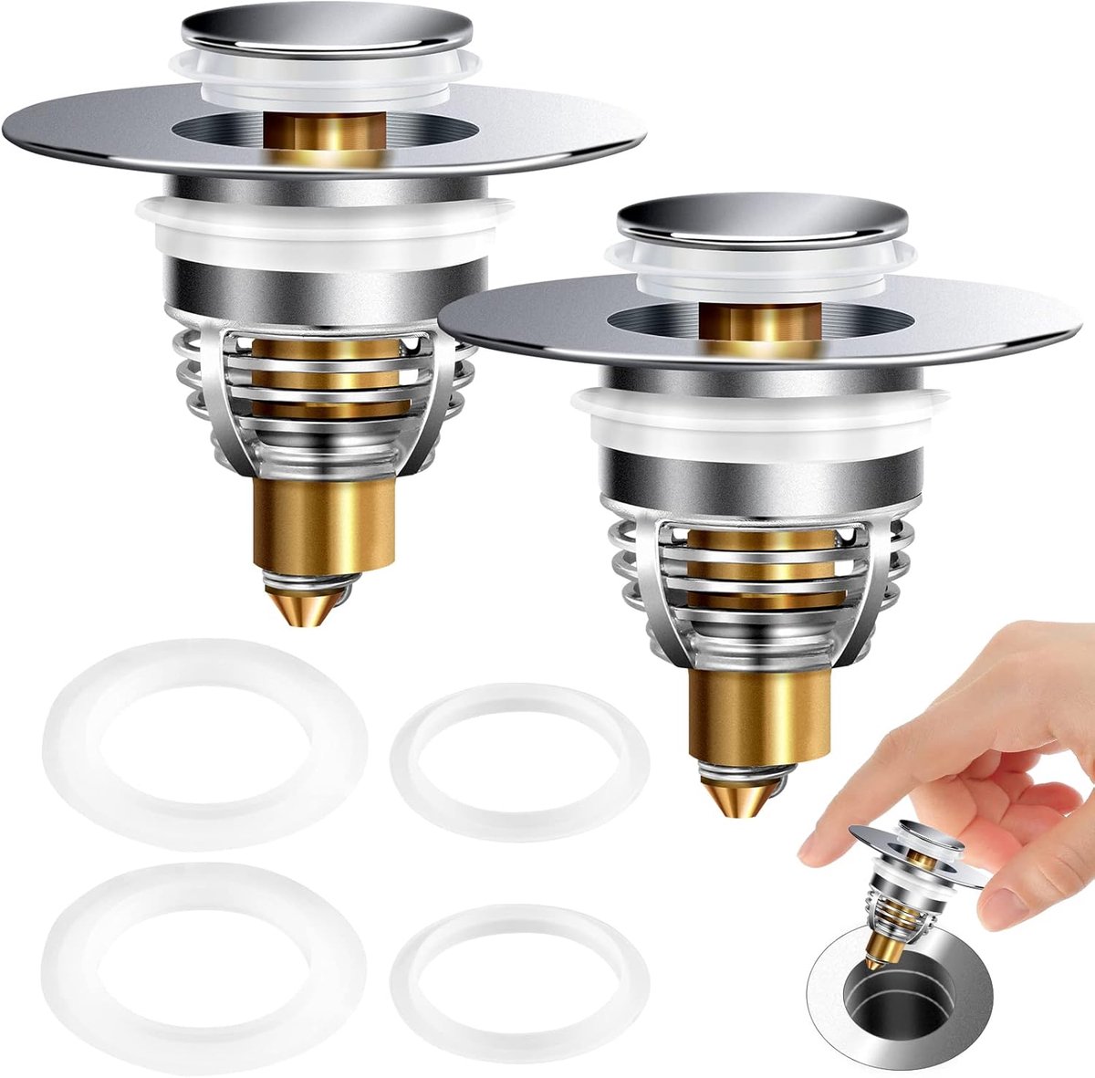 2-delige universele wastafelstop, filter geschikt voor wastafels met een diameter van 2,7-4,1 cm, inclusief pop-up afvoerfilter met anti-verstoppingsmandje en haarfilter.