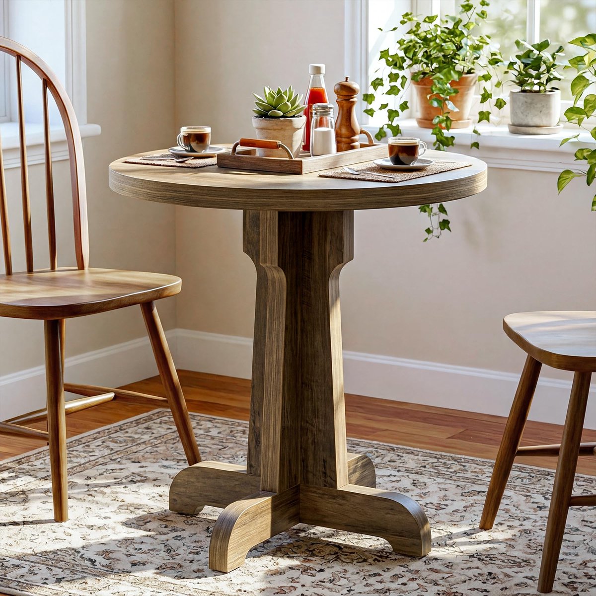 LITTLE TREE Ronde Eettafel - 60 x 60 x 75 cm - Modern Landelijke Stijl - Eetkamertafel Voor 2 Personen - Kruisvormige voet dik bureaublad - Bruin