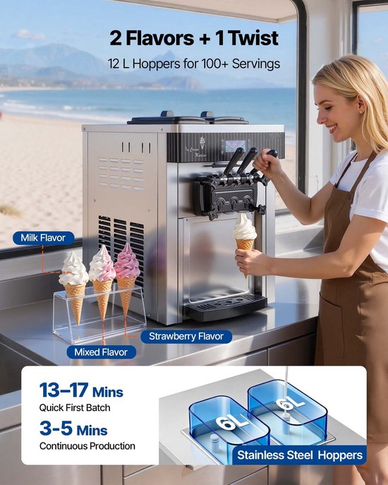 Softijsmachine / Softijs Machine - Commercieel Tafelmodel - Capaciteit 20–28 l/uur - Vermogen 2200 W - Twee 6 l Containers - Voorkoeling - Zelfreiniging - LED-display - Zilver van Merkloos — afbeelding 4