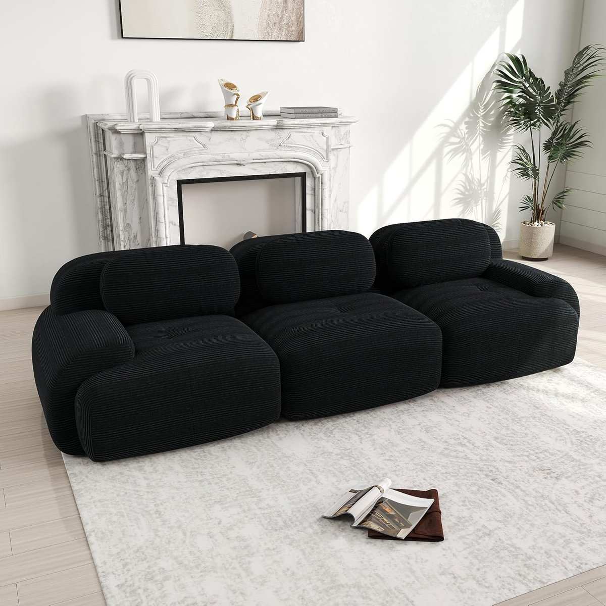 Modulaire 3-zits Bank 298x103x70 cm - Corduroy Sofa Zonder Montage - Luxe Cloud Zitbank met Diepe Zitting - Moderne Slaapbank Woonkamer zwart - Vermissen