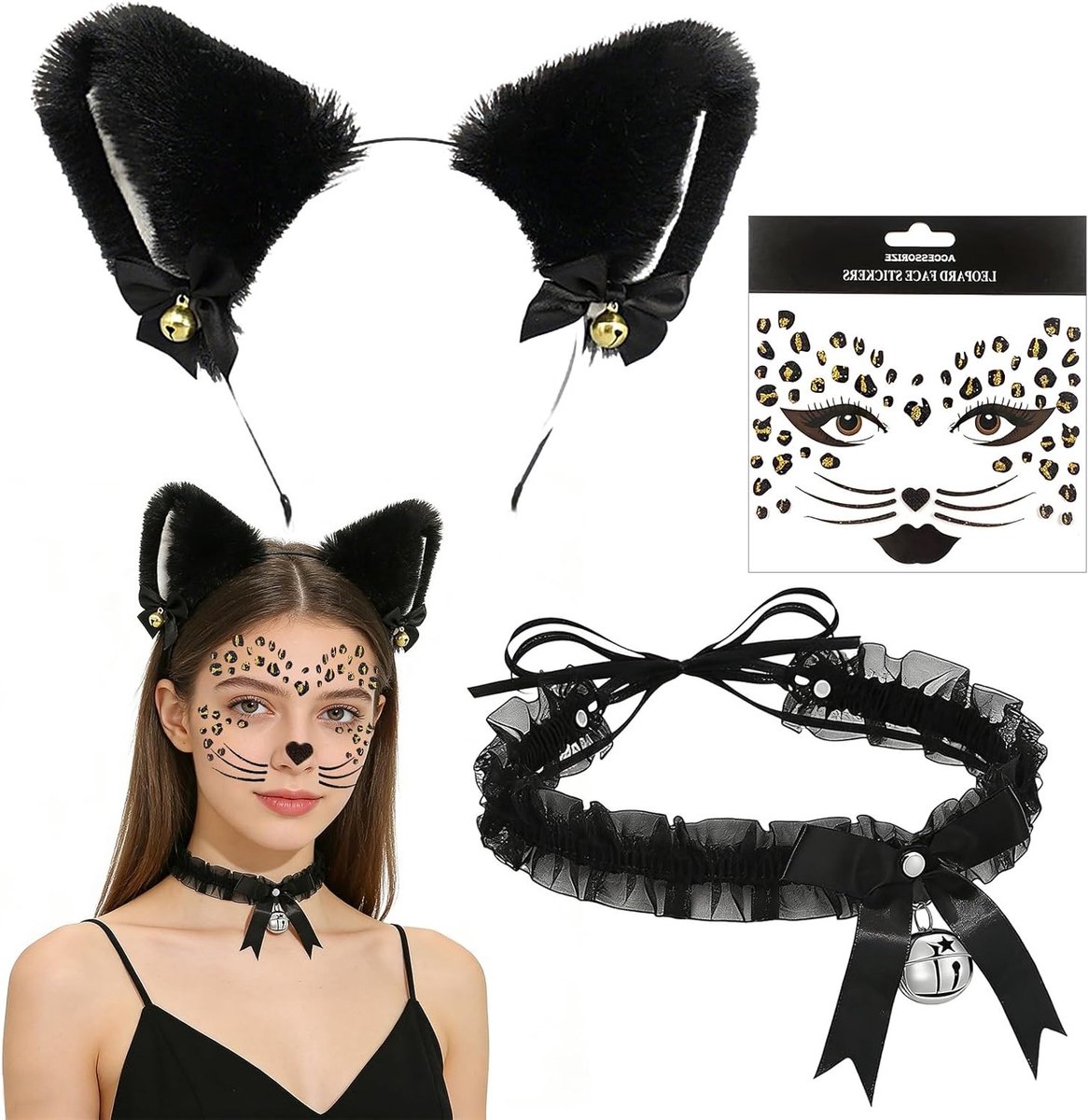 Dames Kostuum met Kattenoren, Bel en Ketting voor Carnaval, Halloween en Cosplay Feesten