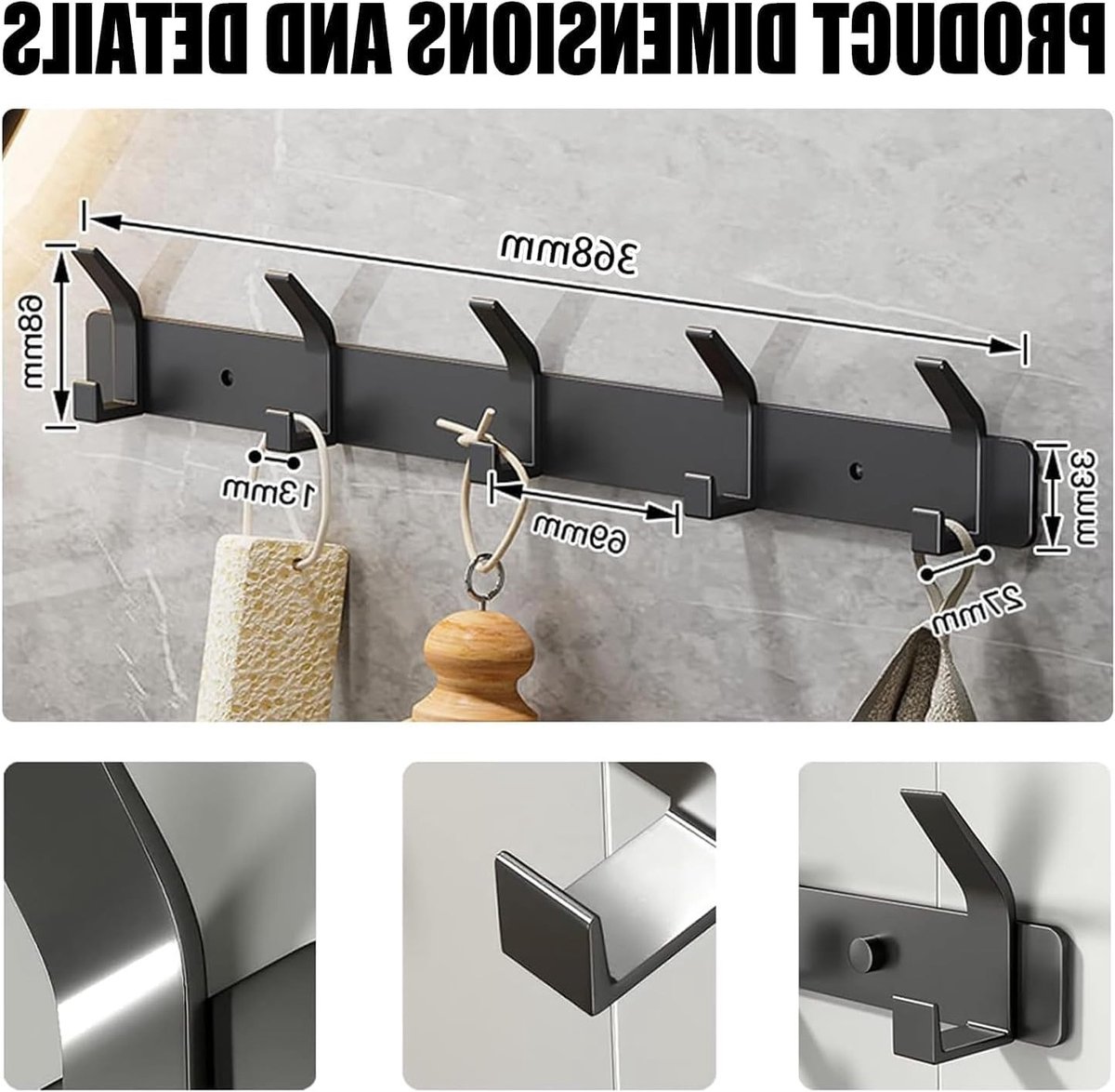 SnelShoppen - Wandhaken voor Kleding, 2 Stuks Met 5 Haken, Metalen Kledinghaken, Haak Frame voor Slaapkamer, Badkamer, Keuken, Wandkast (Zwart)