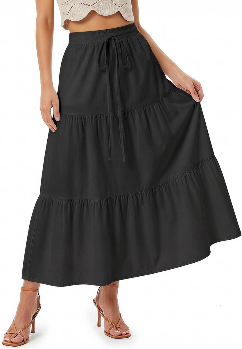 Elegante Zwarte Maxi Rok voor Dames, Hoge Taille A-Lijn Rok met Touwtjes en Voering, Casual en Comfortabel, M