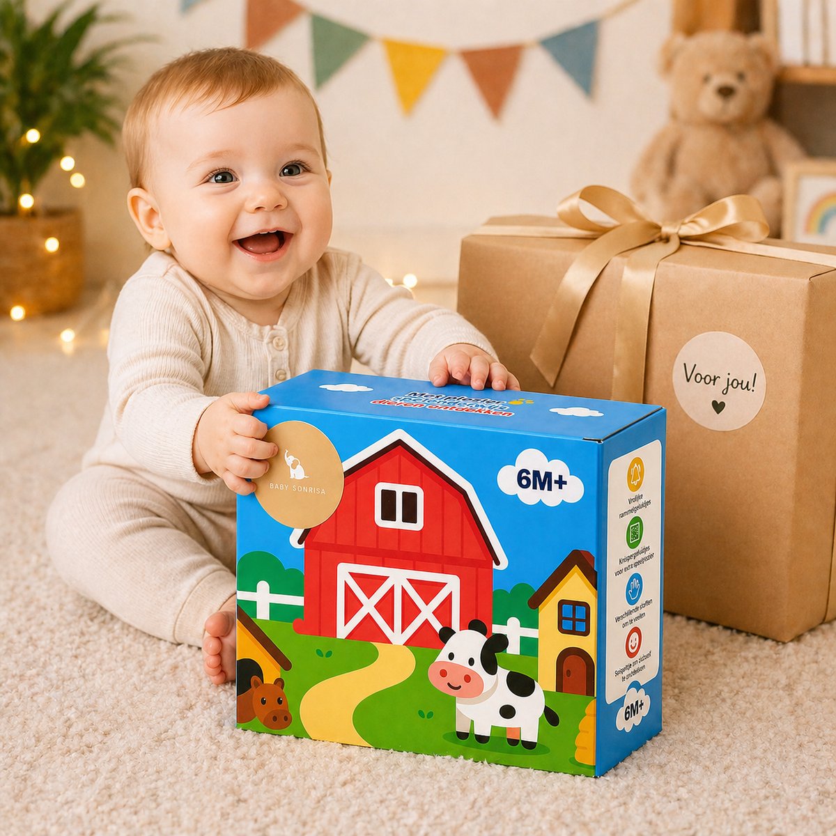 Baby Speelgoed 6-12 maanden - Sensorisch Pluche Speelgoed met Stal en 6 Dierenvriendjes - Montessori Speelgoed met Boerderijdieren - Baby Cadeau met Knuffels - Educatief speelgoed - Kinderspeelgoed 6MND + — afbeelding 5