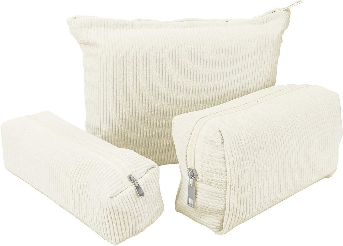 Set van 3 Corduroy Cosmetica Tassen - Make-up Tas voor Vrouwen - Reis Cosmeticazak met Metalen Rits in Beige, Ideaal voor Schoonheidsproducten en Organisatie