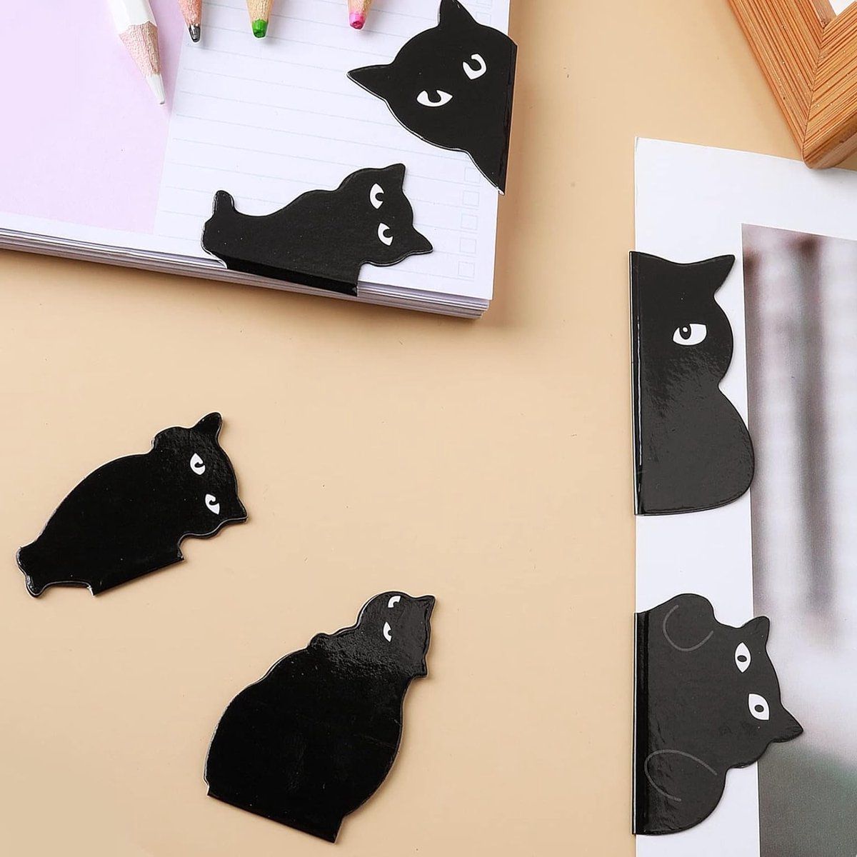 Set van 6 Magnetische Boekenleggers met Zwarte Kat Ontwerpen, Lichtgewicht en Sterke Grip, Perfecte Cadeaus voor Boekenliefhebbers