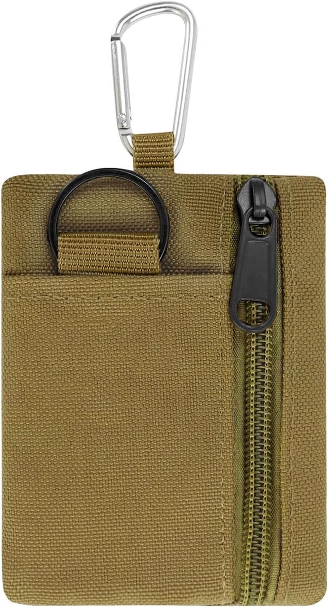 Compacte Canvas Portemonnee met Sleutelhanger en Karabijnhaak, Mini Rits Tas voor Dames en Heren, Ideaal voor Reizen en Dagelijks Gebruik (Khaki)