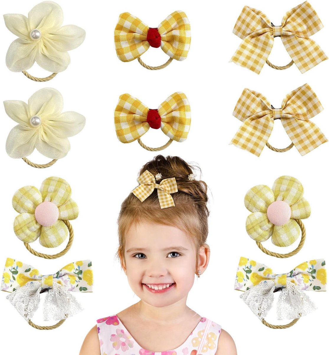Set van 10 Haarelastieken voor Meisjes met Strikjes en Bloemen - Geschikt voor Baby's, Peuters en Kinderen (Geel)