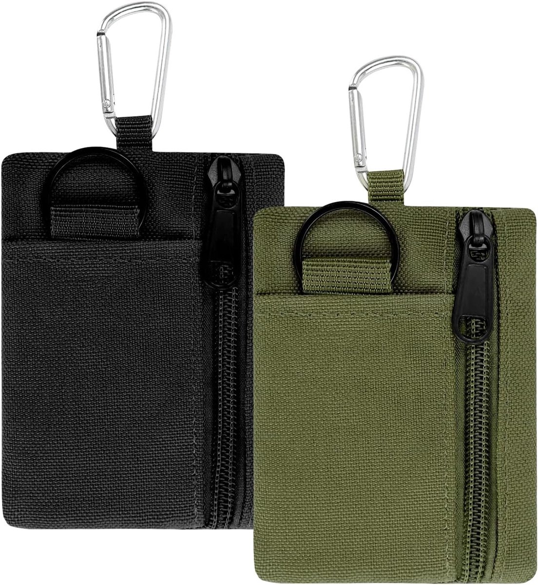 Compacte Canvas Portemonnee met Sleutelhanger en Karabijnhaak, Mini Pouch voor Muntjes en Kaarten, Geschikt voor Dames en Heren, Groen en Zwart