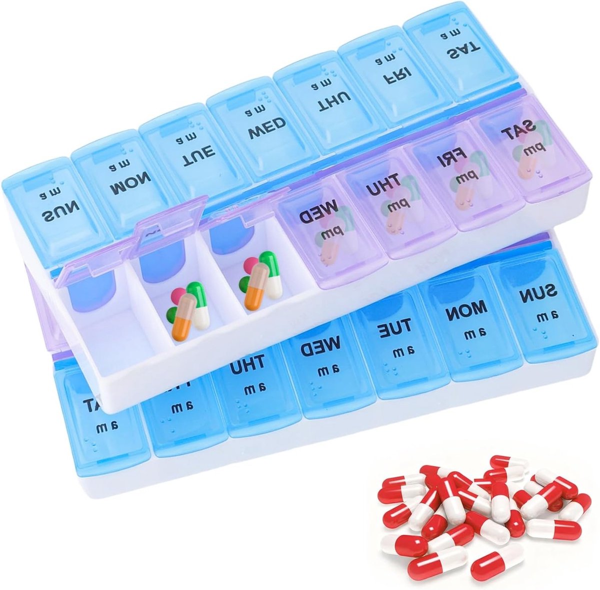 Pillendoos voor 14 dagen met 2 vakken, handige tablettenbox voor medicijnen en vitamines, draagbaar en praktisch