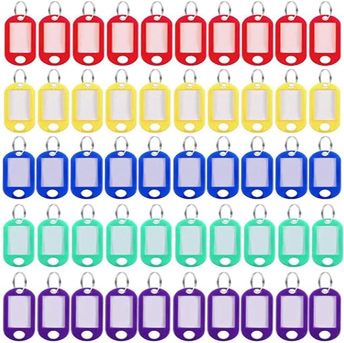 Labels met sleutelhangers - 50 stuks identificatielabels voor bagage, dieren en meer - Transparant, kunststof, 5 kleuren