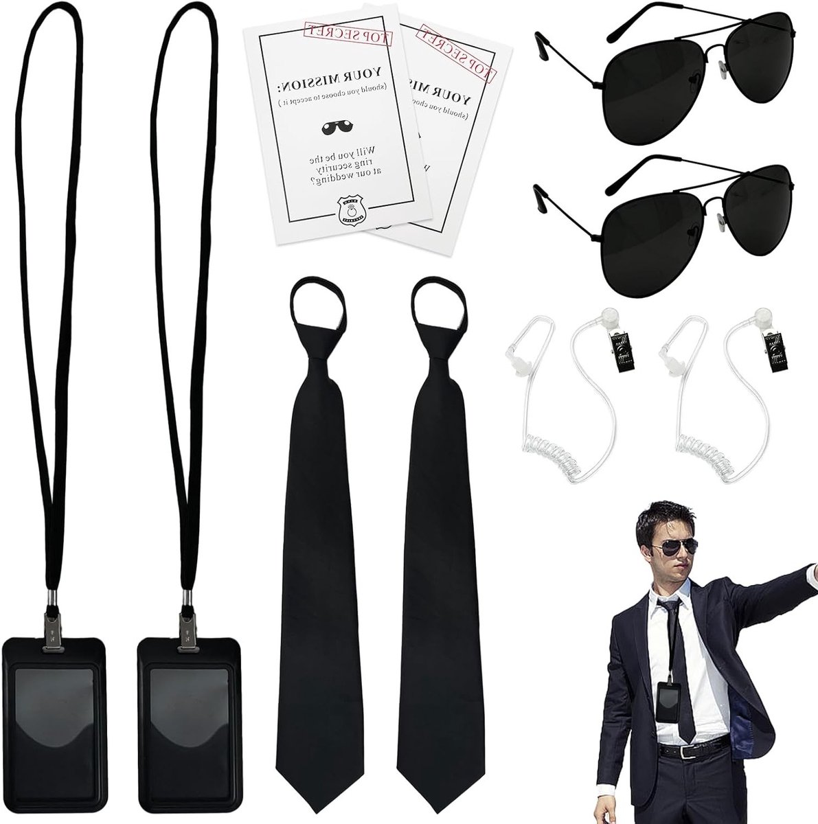 Complete Secret Agent Kostuum Accessoires Set met 10 Stuks: Zonnebril, Stropdas, Kaarthouder en Meer voor Volwassenen en Kinderen
