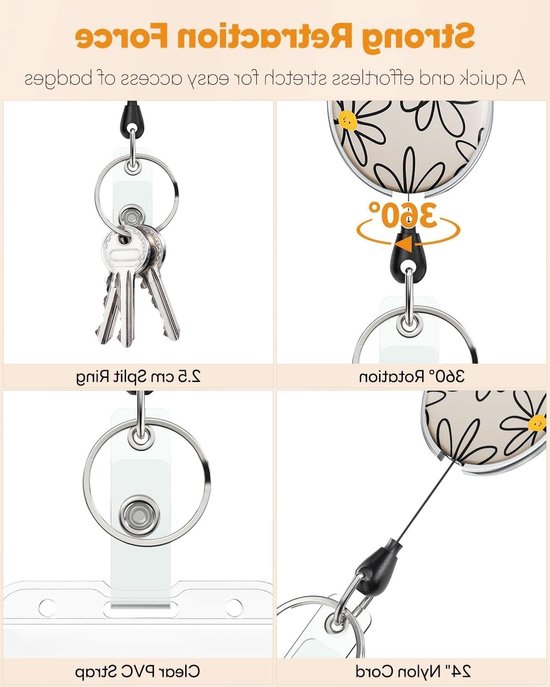 Floral Print Retractable Badge Reel met Sterke ABS Body en RVS Veer, 24 inch Nylon Touw en Carabiner voor Sleutelhanger en Badgehouder — afbeelding 4