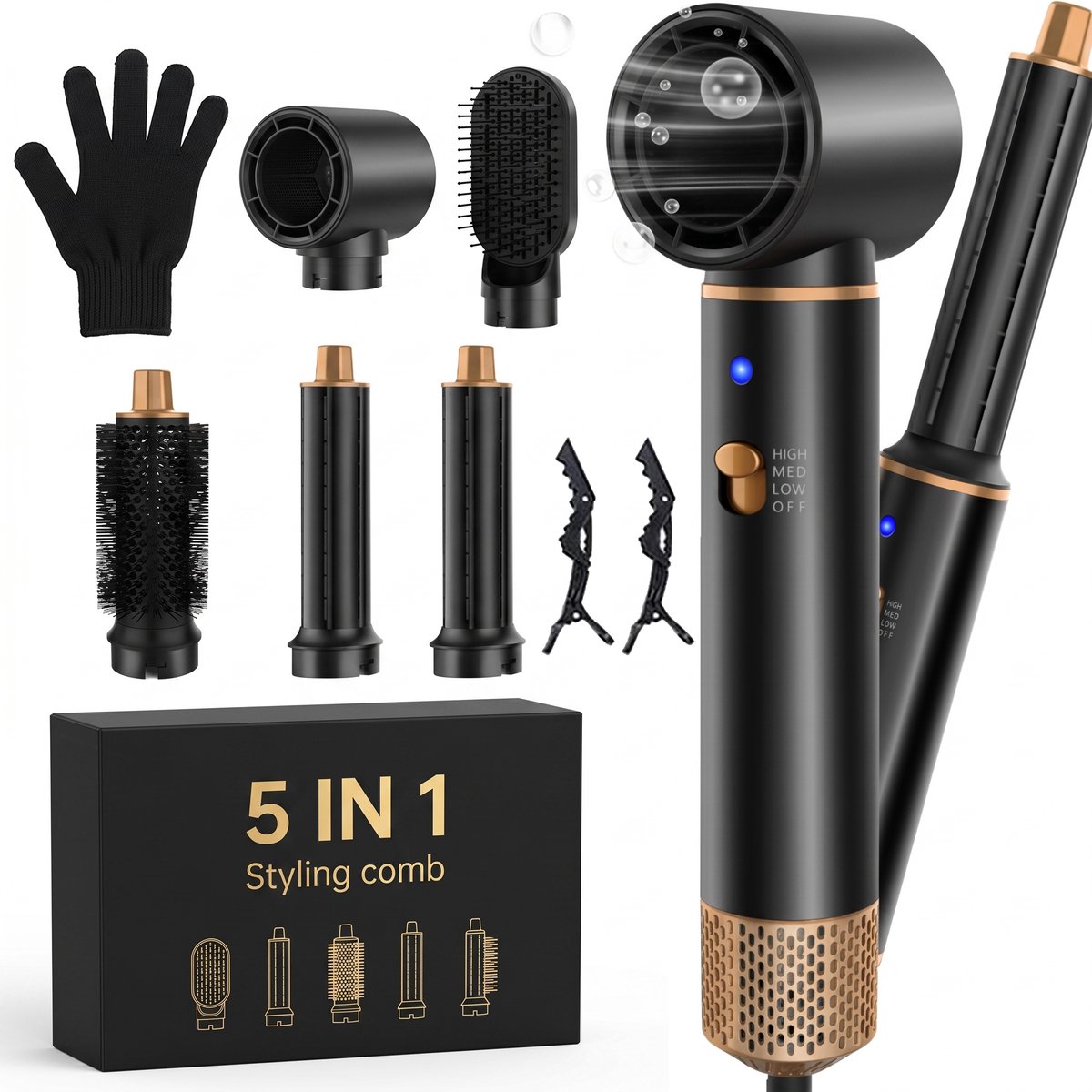 Fokelyi Airstyler - Krultang 5 in 1 - Föhnborstel - Multistyler - Krultang & Krulborstel - 5 verwisselbare opzetstukken - Snel drogen - Krachtige motor - Kort & lang haar - 3 temperaturen - Hittebestendige handschoen & haarclips